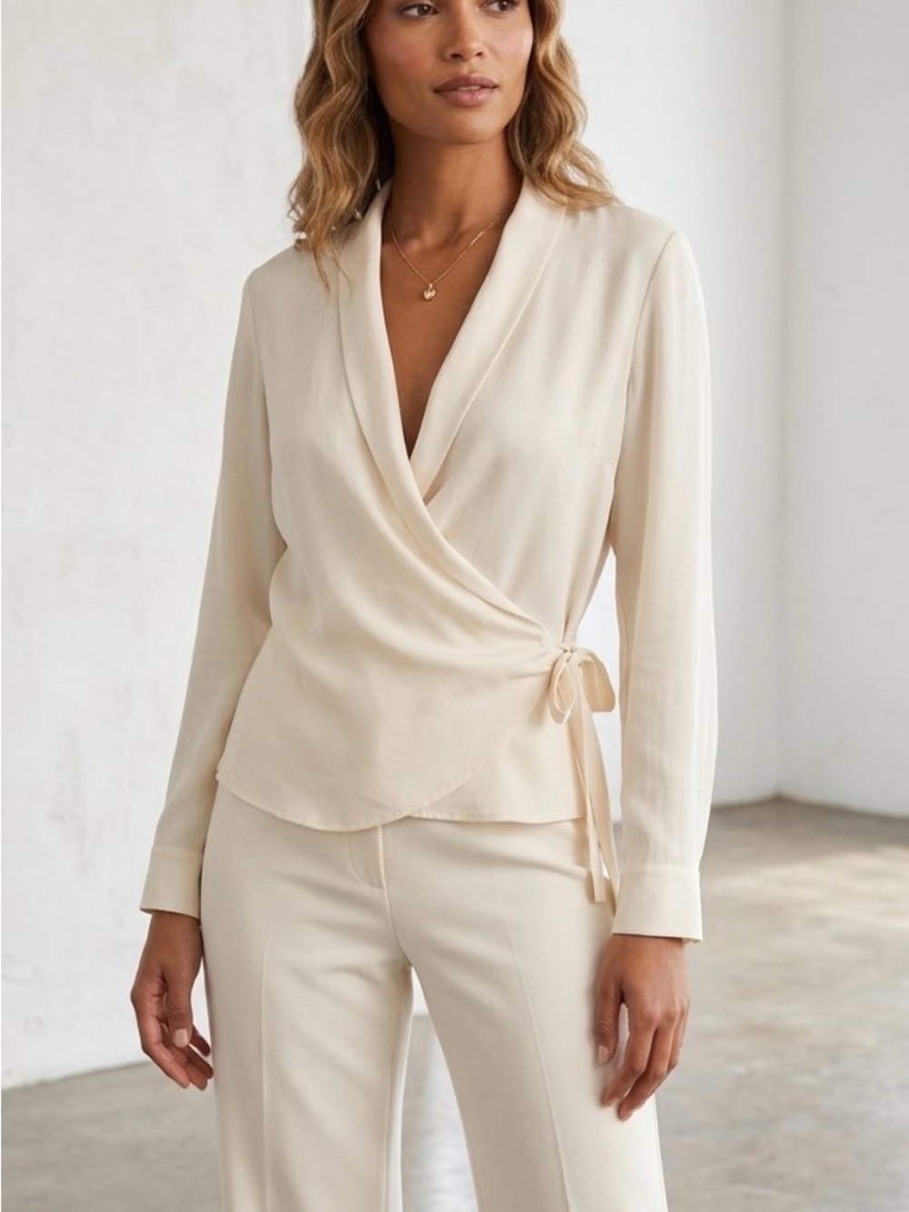 Ann Taylor 100% Silk Cream Wrap Tie Blouse